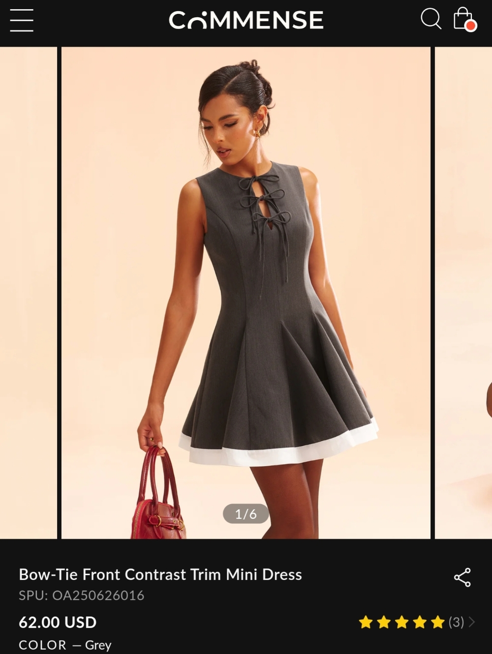 Commense Grey Bow-Tie Front Contrast Trim Mini Dress